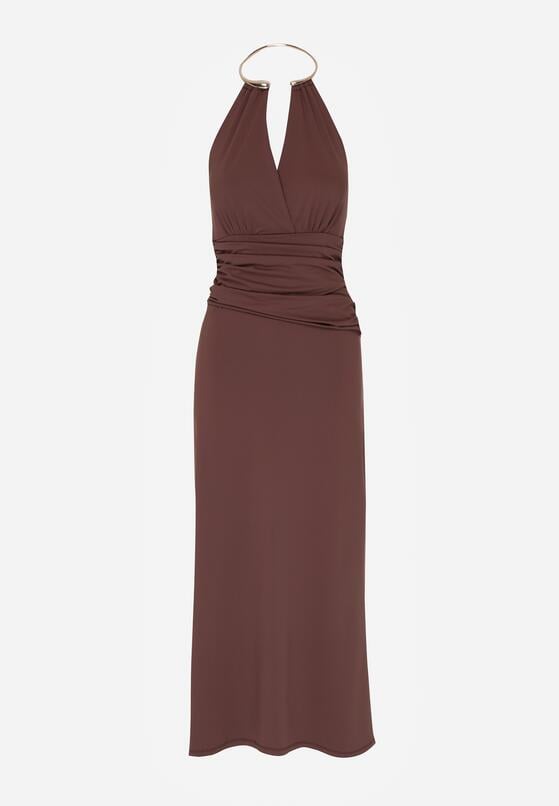 Brązowa Sukienka Koktajlowa z Dekoltem Halter i Odkrytymi Plecami Sewrina 1
