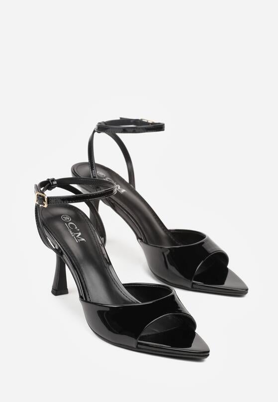 Czarne Lakierowane Sandały na Szpilce z Paseczkiem wokół Kostki Reafera 5