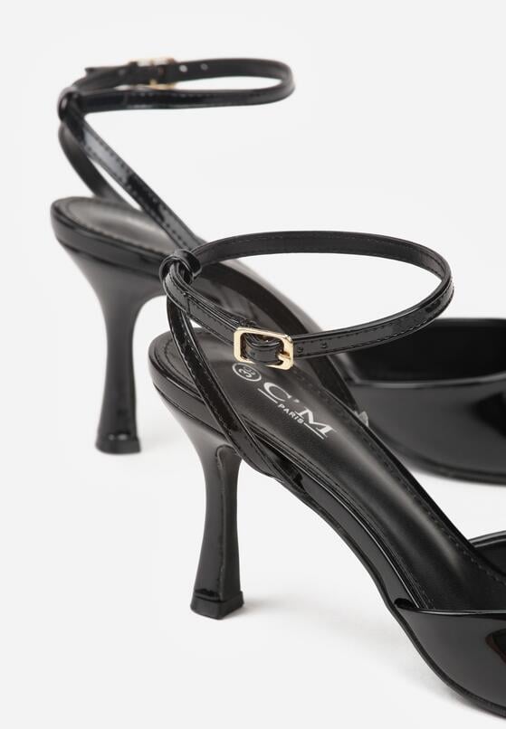 Czarne Lakierowane Sandały na Szpilce z Paseczkiem wokół Kostki Reafera 6