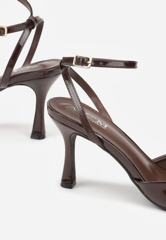 Brązowe Lakierowane Sandały na Szpilce z Paseczkiem wokół Kostki Reafera 7