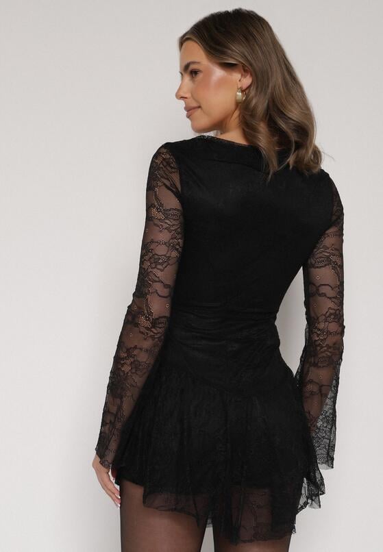 Czarna Koronkowa Sukienka Wieczorowa z Wiązaniem przy Dekolcie Ferolena 3