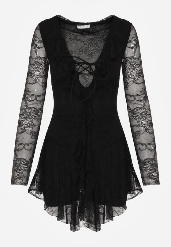 Czarna Koronkowa Sukienka Wieczorowa z Wiązaniem przy Dekolcie Ferolena 6