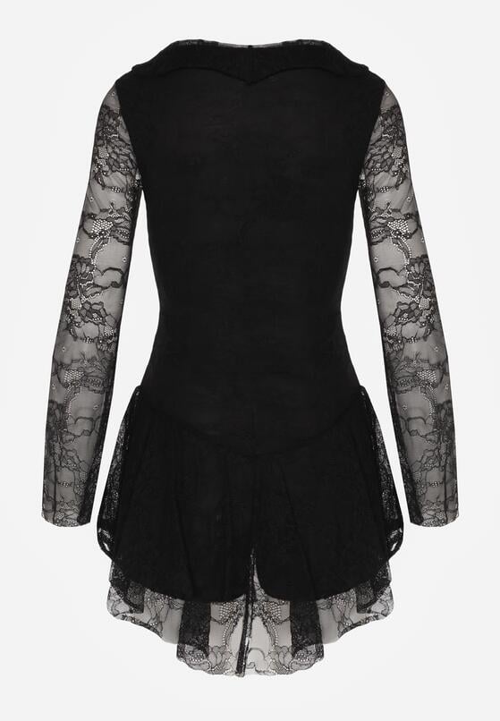 Czarna Koronkowa Sukienka Wieczorowa z Wiązaniem przy Dekolcie Ferolena 7