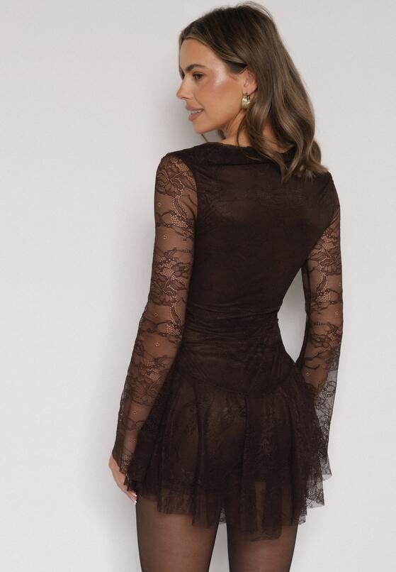 Brązowa Koronkowa Sukienka Wieczorowa z Wiązaniem przy Dekolcie Ferolena 3