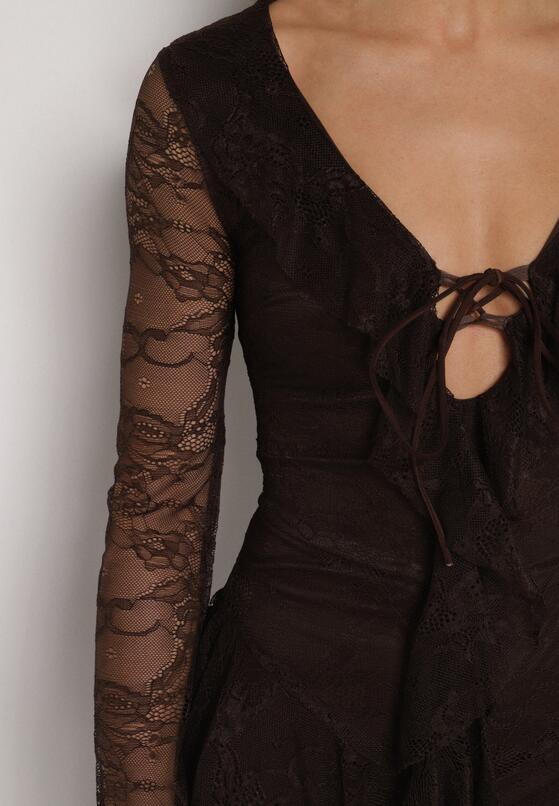 Brązowa Koronkowa Sukienka Wieczorowa z Wiązaniem przy Dekolcie Ferolena 5
