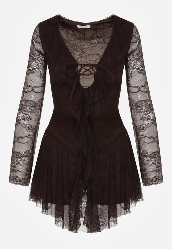 Brązowa Koronkowa Sukienka Wieczorowa z Wiązaniem przy Dekolcie Ferolena 6