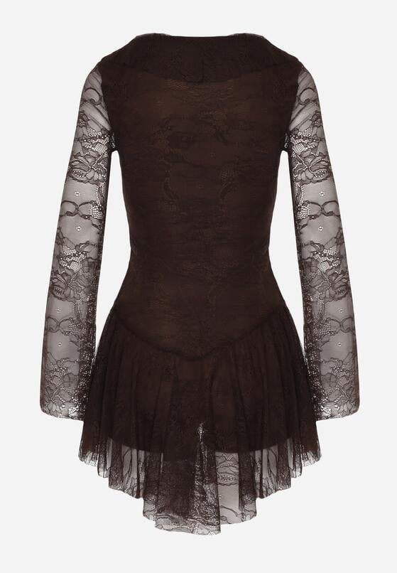 Brązowa Koronkowa Sukienka Wieczorowa z Wiązaniem przy Dekolcie Ferolena 7