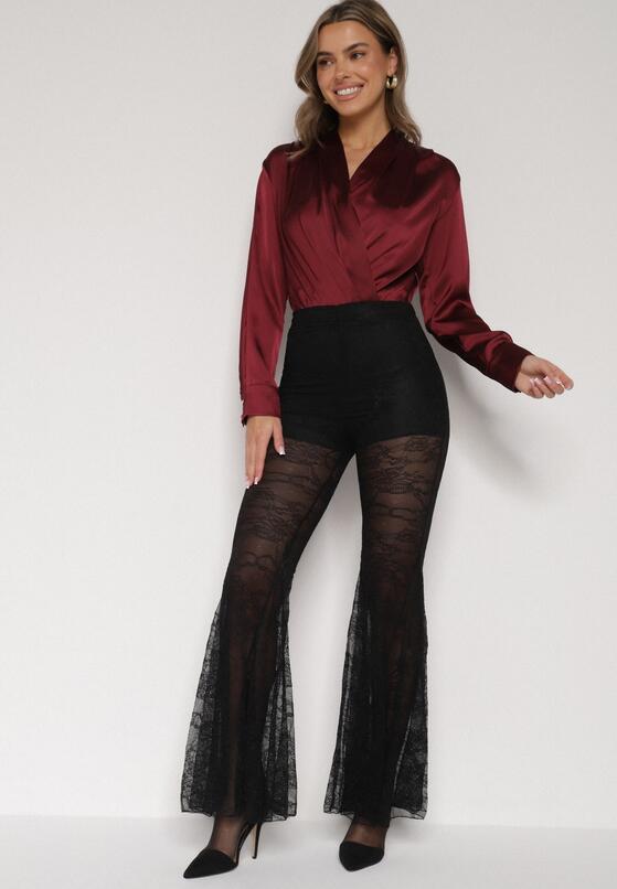 Czarne Koronkowe Spodnie Dzwony z Wysokim Stanem Solifera 4