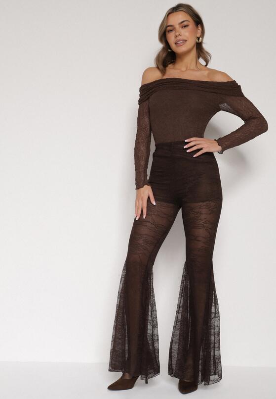 Brązowe Koronkowe Spodnie Dzwony z Wysokim Stanem Solifera 4