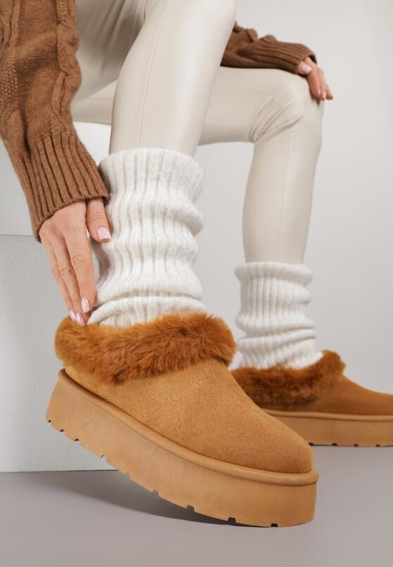 Brązowe Śniegowce na Grubej Podeszwie z Niską Cholewką i Futerkiem Sewone 1