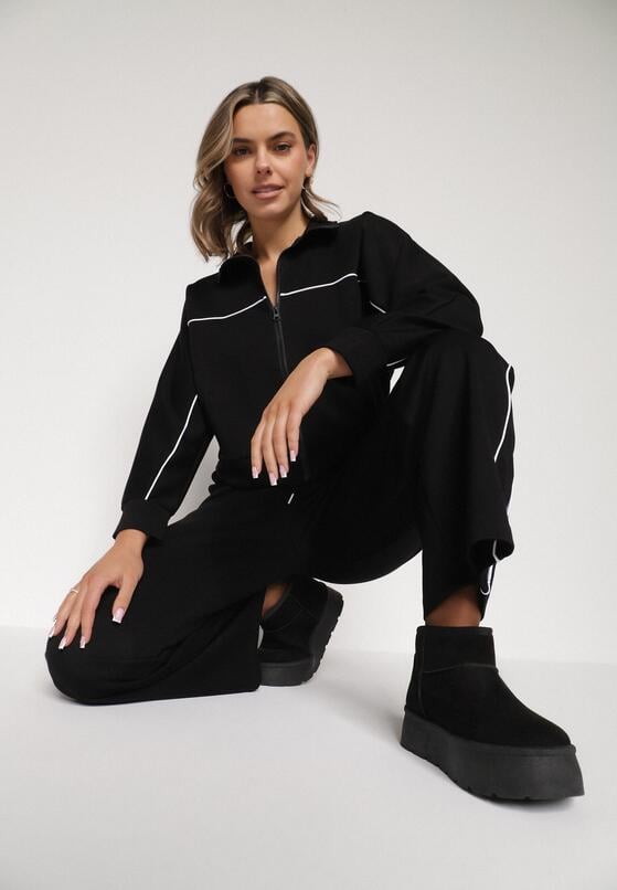 Czarny Retro Komplet Dresowy z Wiskozą Szerokie Spodnie i Bluza ze Stójką Sewelda 1