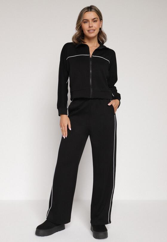 Czarny Retro Komplet Dresowy z Wiskozą Szerokie Spodnie i Bluza ze Stójką Sewelda 5