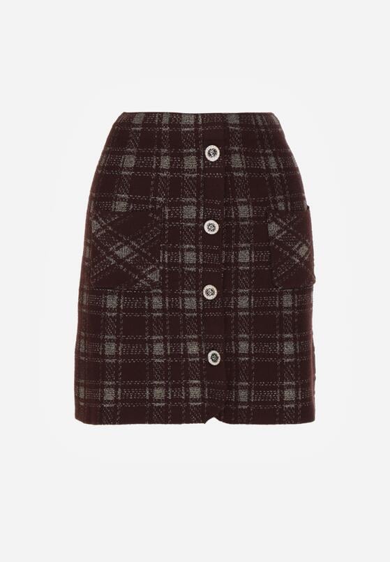 Brązowa Spódnica z Wiskozą Zdobiona Guzikami i Metaliczną Nicią Sewsela 1