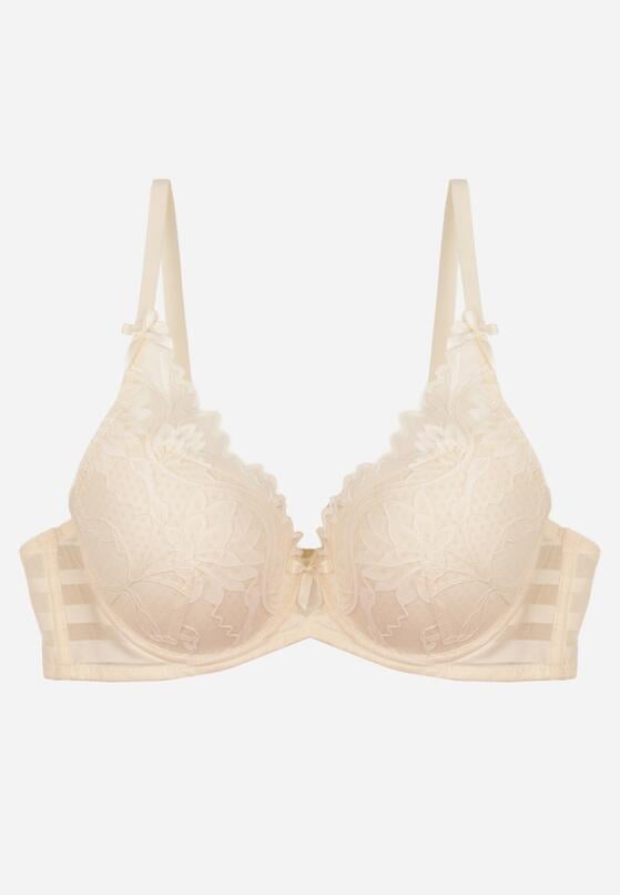 Jasnobeżowy Koronkowy Biustonosz z Ozdobnymi Kokardkami na Ramiączkach Aeleolopei 1