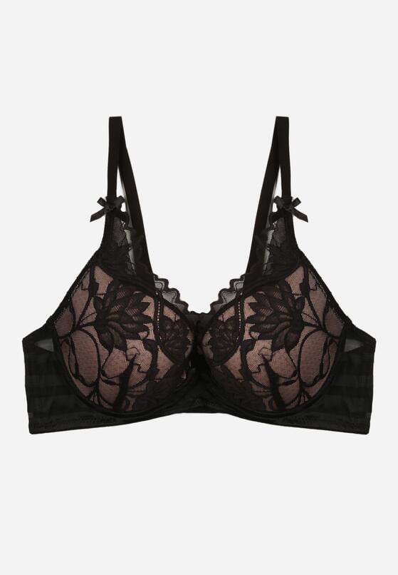 Czarno-Beżowy Koronkowy Biustonosz z Ozdobnymi Kokardkami na Ramiączkach Aeleolopei 1