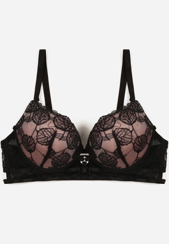 Czarno-Beżowy Klasyczny Biustonosz Zdobiony Koronką i Aplikacją Metheis 1