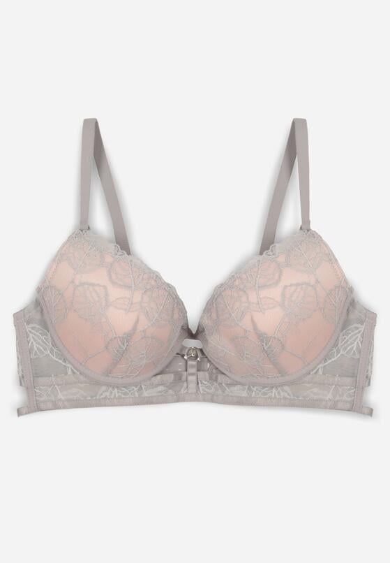 Szaro-Różowy Klasyczny Biustonosz Zdobiony Koronką i Aplikacją Metheis 1