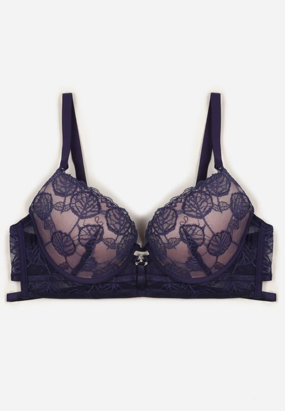 Granatowo-Różowy Klasyczny Biustonosz Zdobiony Koronką i Aplikacją Metheis 1