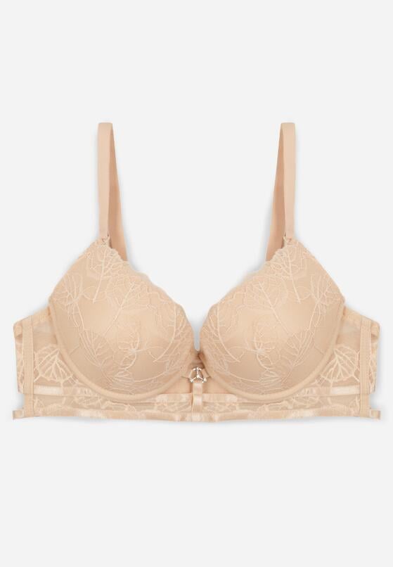 Beżowy Klasyczny Biustonosz Zdobiony Koronką i Aplikacją Metheis 1