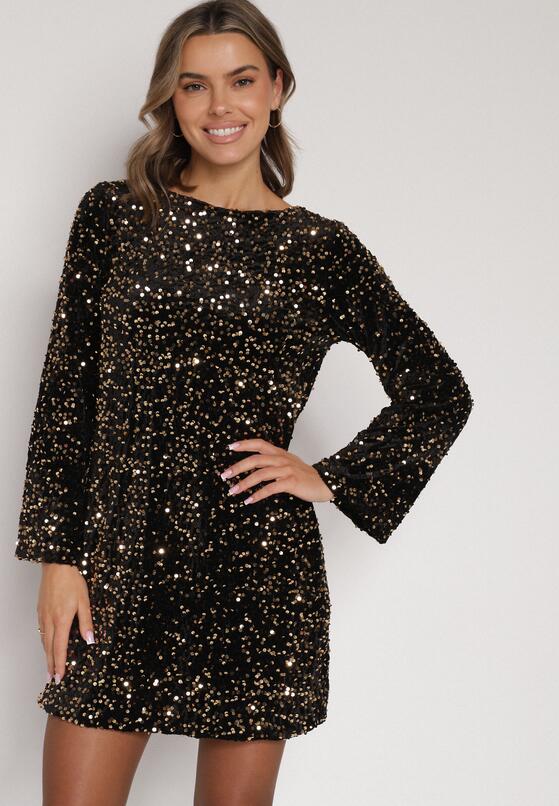 Złota Cekinowa Sukienka z Odkrytymi Plecami i Wiązaniem Diadina 4