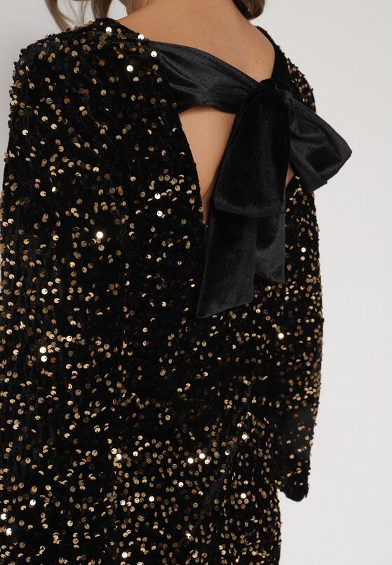 Złota Cekinowa Sukienka z Odkrytymi Plecami i Wiązaniem Diadina 5