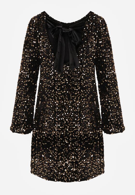 Złota Cekinowa Sukienka z Odkrytymi Plecami i Wiązaniem Diadina 2