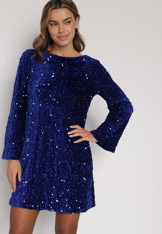 Niebieska Cekinowa Sukienka z Odkrytymi Plecami i Wiązaniem Diadina 4