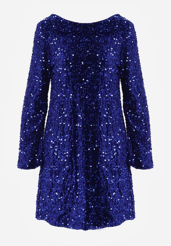 Niebieska Cekinowa Sukienka z Odkrytymi Plecami i Wiązaniem Diadina 1