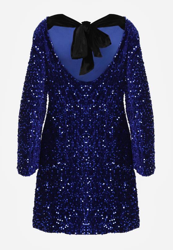 Niebieska Cekinowa Sukienka z Odkrytymi Plecami i Wiązaniem Diadina 2