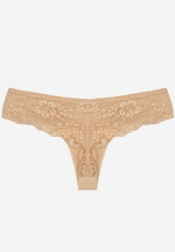 Beżowe Majtki Typu Stringi z Koronką Nedareanes 2