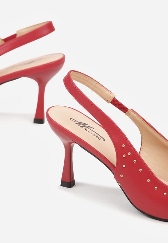 Czerwone Sandały na Szpilce z Odkrytą Piętą Zdobione Nitami Sewlora 3