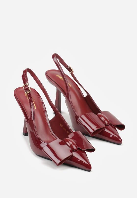 Bordowe Lakierowane Szpilki z Odkrytą Piętą i Aplikacją z Kokardą Sewlida 5