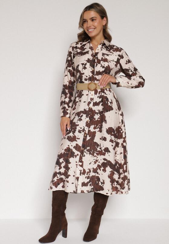 Brązowa Koszulowa Sukienka z Wiskozą w Krowie Łaty z Paskiem Domumbria 1
