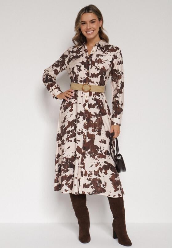Brązowa Koszulowa Sukienka z Wiskozą w Krowie Łaty z Paskiem Domumbria 2