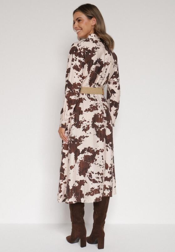 Brązowa Koszulowa Sukienka z Wiskozą w Krowie Łaty z Paskiem Domumbria 3