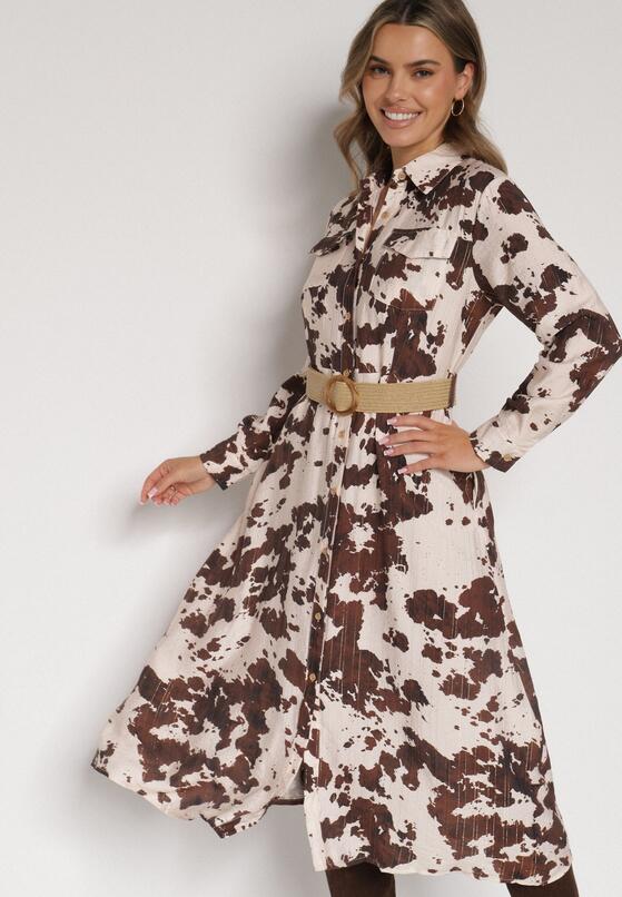 Brązowa Koszulowa Sukienka z Wiskozą w Krowie Łaty z Paskiem Domumbria 4