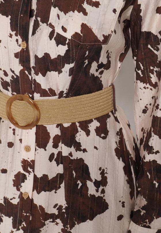 Brązowa Koszulowa Sukienka z Wiskozą w Krowie Łaty z Paskiem Domumbria 5