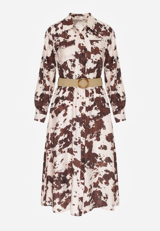 Brązowa Koszulowa Sukienka z Wiskozą w Krowie Łaty z Paskiem Domumbria 6