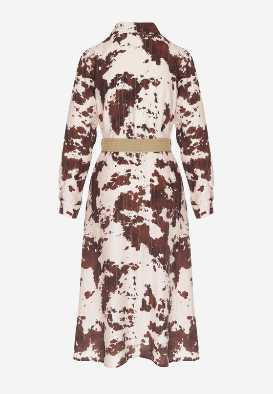 Brązowa Koszulowa Sukienka z Wiskozą w Krowie Łaty z Paskiem Domumbria 7