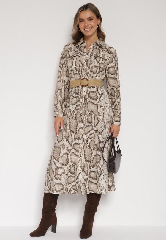 Beżowa Sukienka Koszulowa z Wiskozą Zdobiona Paskiem i Wzorem w Węża Delane 2