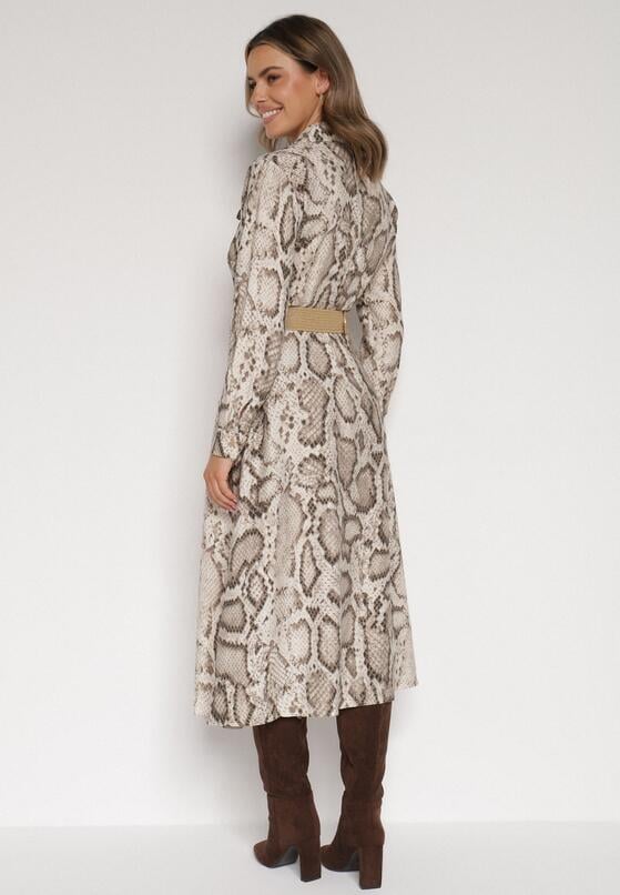 Beżowa Sukienka Koszulowa z Wiskozą Zdobiona Paskiem i Wzorem w Węża Delane 3