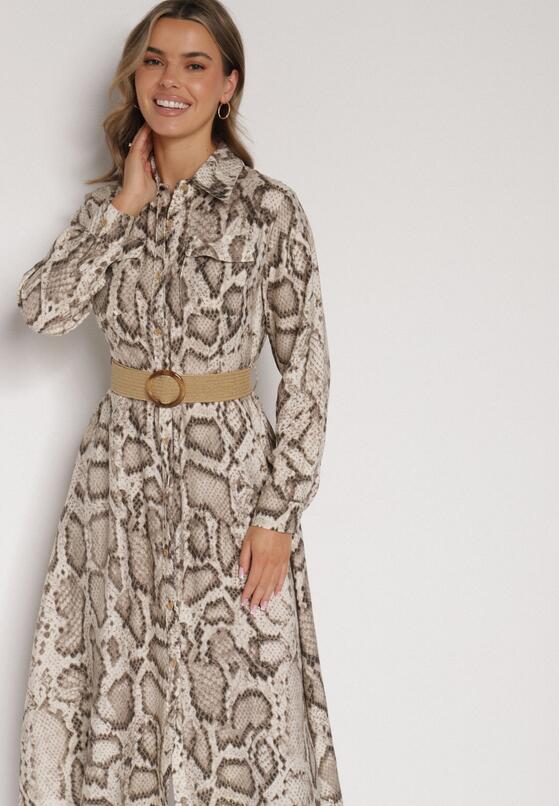 Beżowa Sukienka Koszulowa z Wiskozą Zdobiona Paskiem i Wzorem w Węża Delane 4