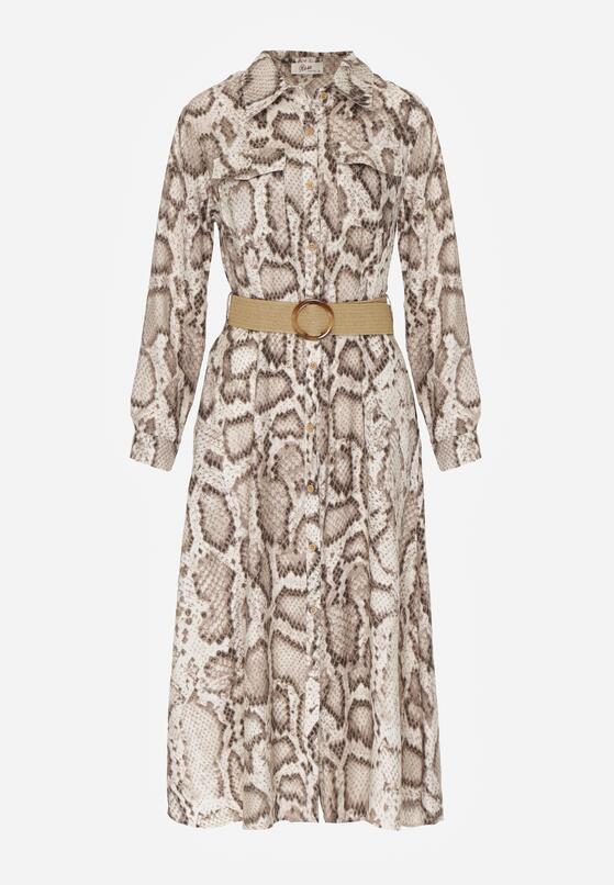 Beżowa Sukienka Koszulowa z Wiskozą Zdobiona Paskiem i Wzorem w Węża Delane 6