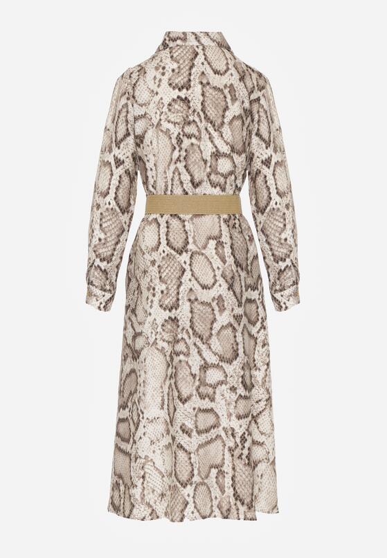 Beżowa Sukienka Koszulowa z Wiskozą Zdobiona Paskiem i Wzorem w Węża Delane 7