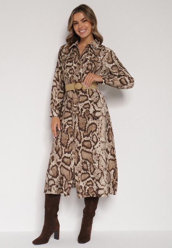 Brązowa Sukienka Koszulowa z Wiskozą Zdobiona Paskiem i Wzorem w Węża Delane 1