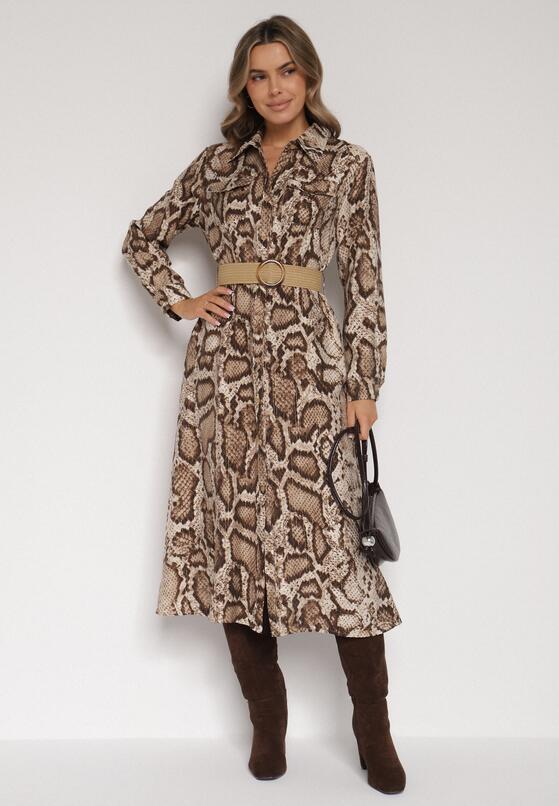 Brązowa Sukienka Koszulowa z Wiskozą Zdobiona Paskiem i Wzorem w Węża Delane 2