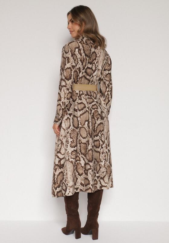 Brązowa Sukienka Koszulowa z Wiskozą Zdobiona Paskiem i Wzorem w Węża Delane 3