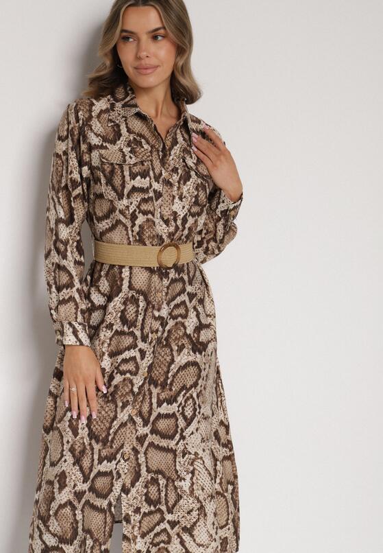 Brązowa Sukienka Koszulowa z Wiskozą Zdobiona Paskiem i Wzorem w Węża Delane 4