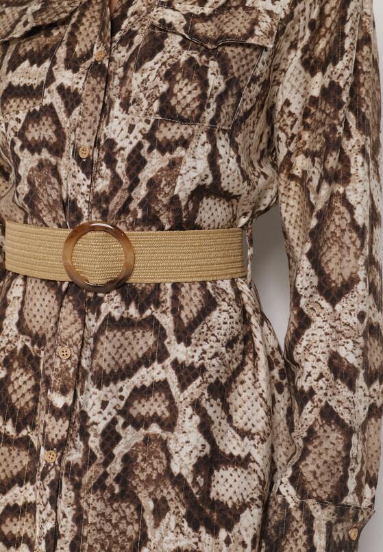 Brązowa Sukienka Koszulowa z Wiskozą Zdobiona Paskiem i Wzorem w Węża Delane 5