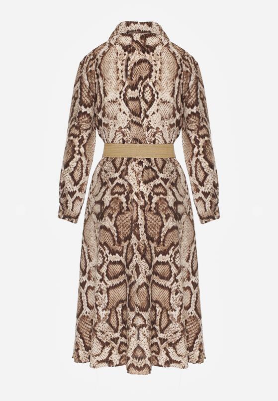 Brązowa Sukienka Koszulowa z Wiskozą Zdobiona Paskiem i Wzorem w Węża Delane 7